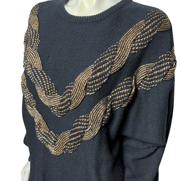 Vintage Karen Scott Black Gold Metallic Chevron Sweater Oversized Tunic Size L - Picture 8 of 8
